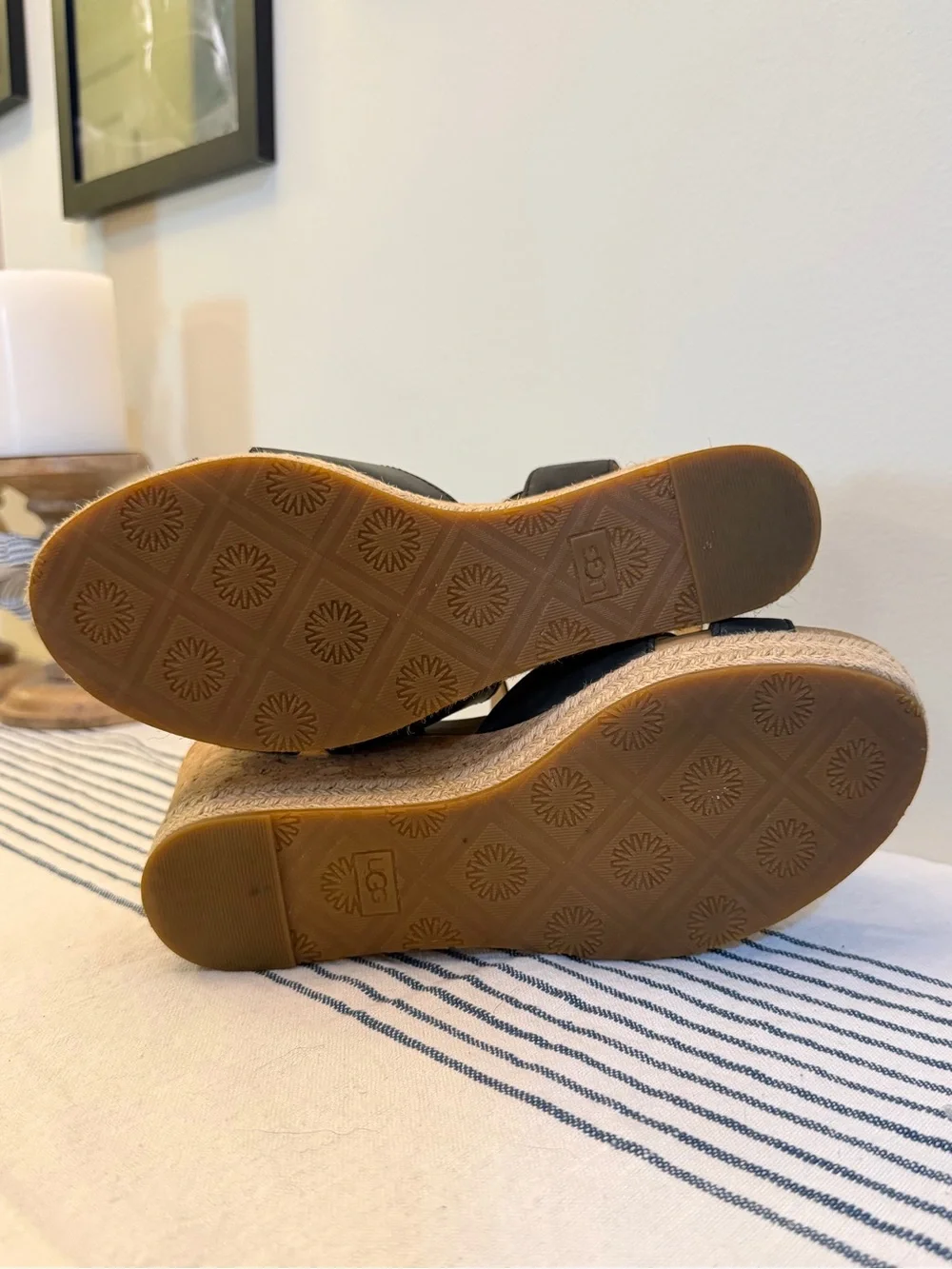 UGG Women’s 7.5 Black Leather Espadrille Cork Wedge Sandals